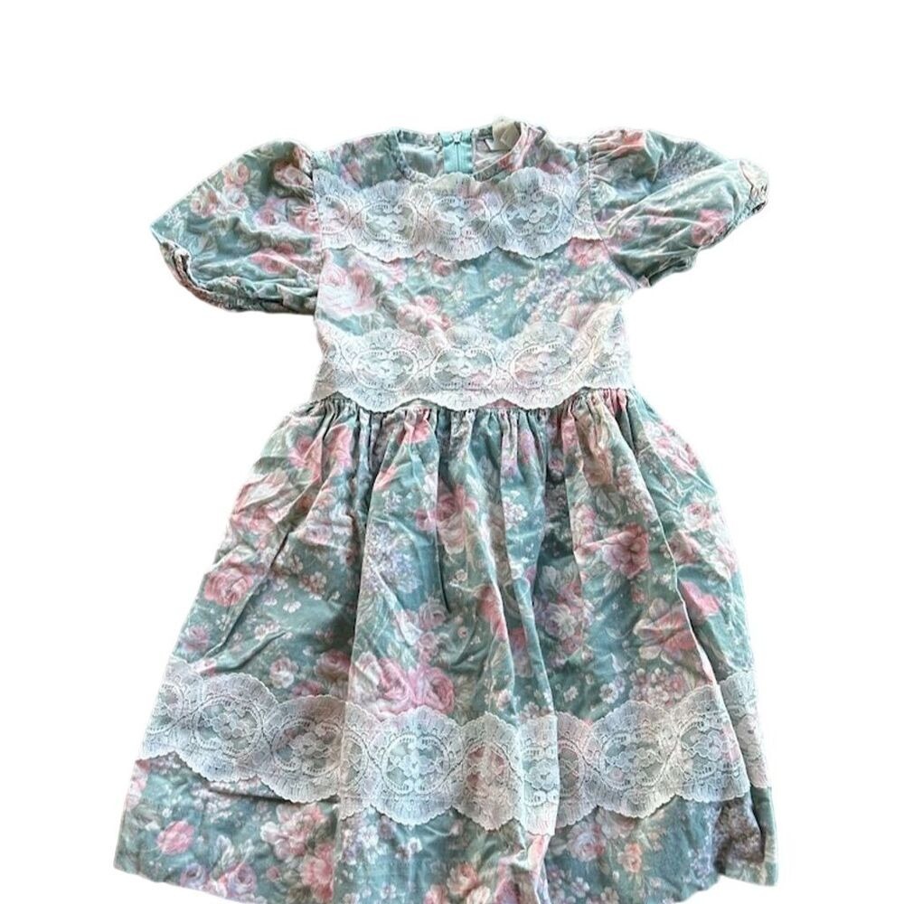 Vintage Rare Editions Girls Floral Cotton Dress Lace Trim Size 6X USA Made